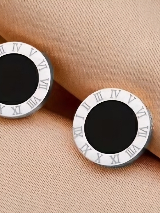 Jewelry - Round Black Inset Roman Numeral Stud Earrings